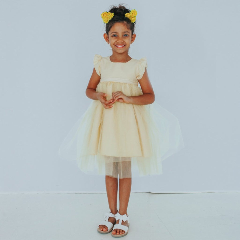 Girl s Yellow Silk and Tulle Flutter Sleeve Flower Girl Dress cuteheads