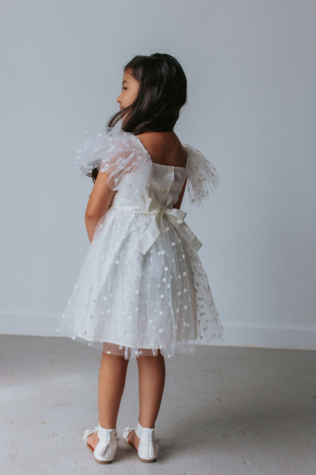 Little Girl's White Tulle Polka Dot Dress