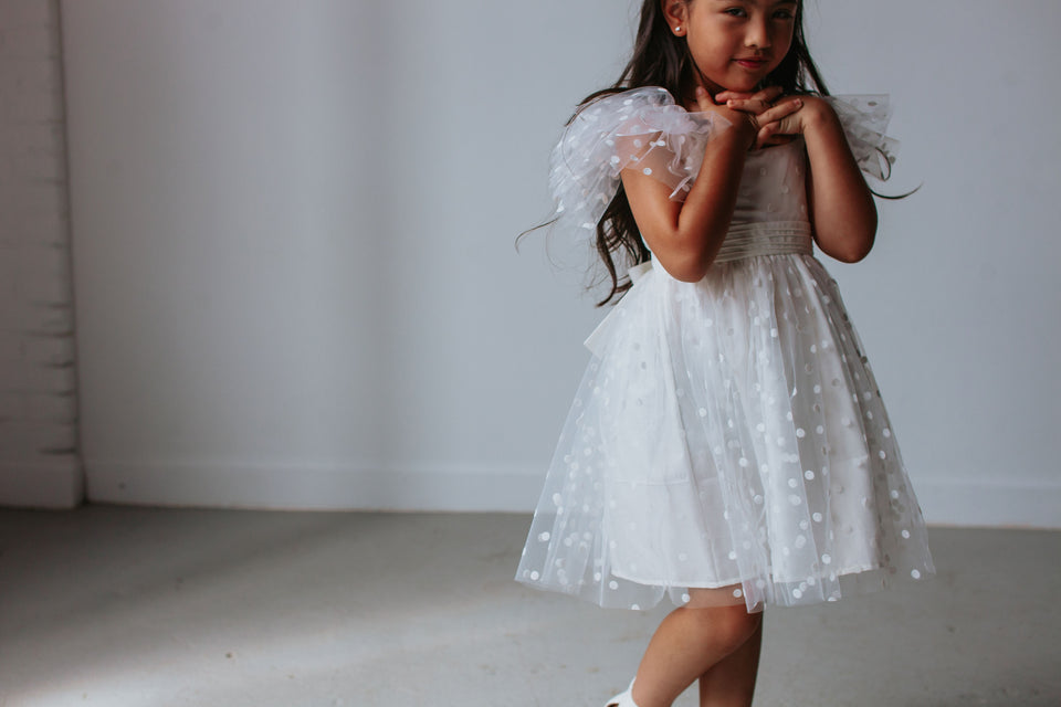 Little Girl's White Tulle Polka Dot Dress