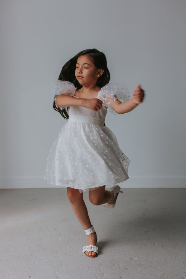 Little Girl's White Tulle Polka Dot Dress
