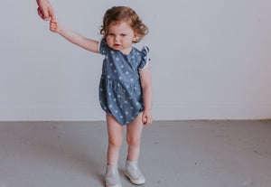 Infant Girl's Chambray Star Print Ruffle Cotton Cutout Bubble Romper