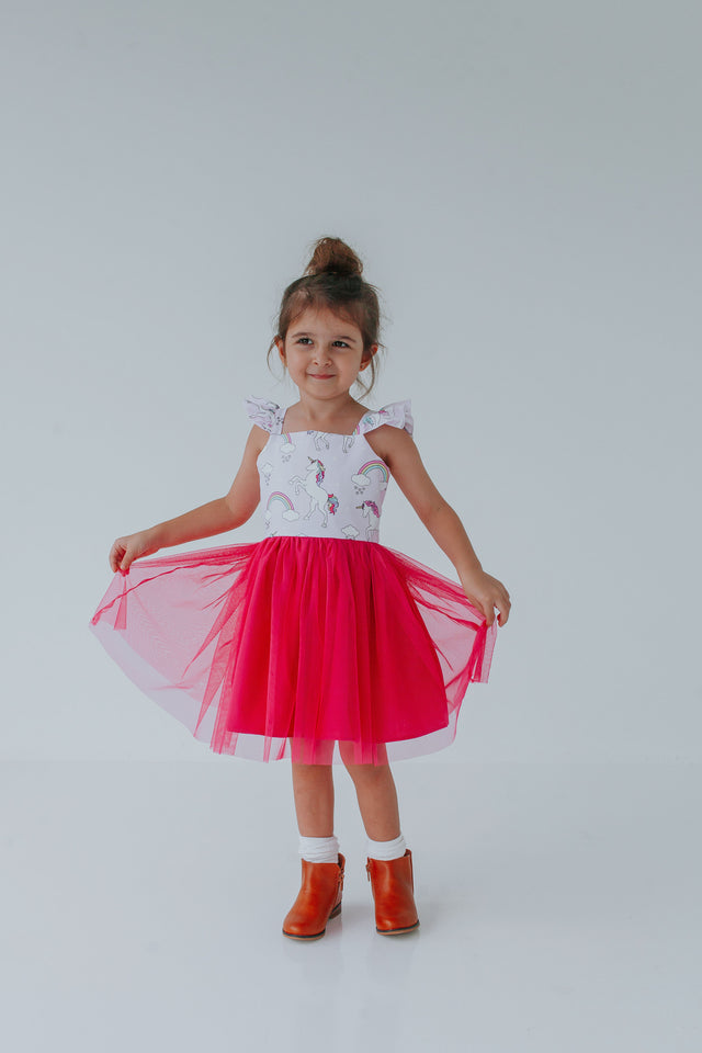 little girls pink tulle unicorn flutter sleeve dress