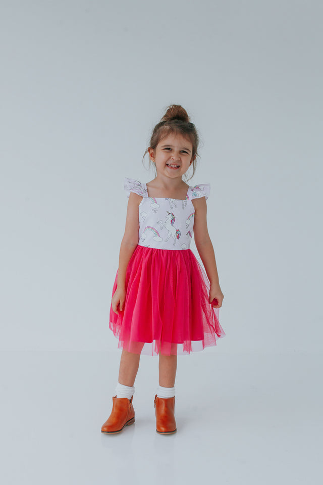 little girls bright pink tulle unicorn dress