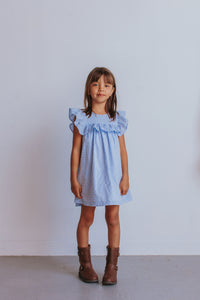 little girl's blue swiss dot dress