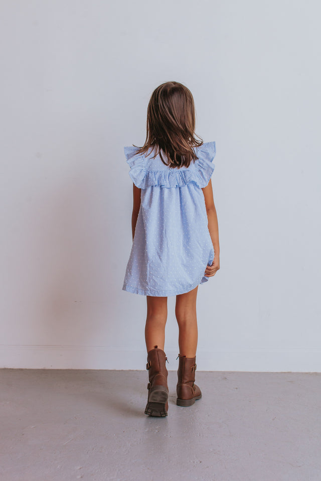 little girls blue swiss dot ruffle dress
