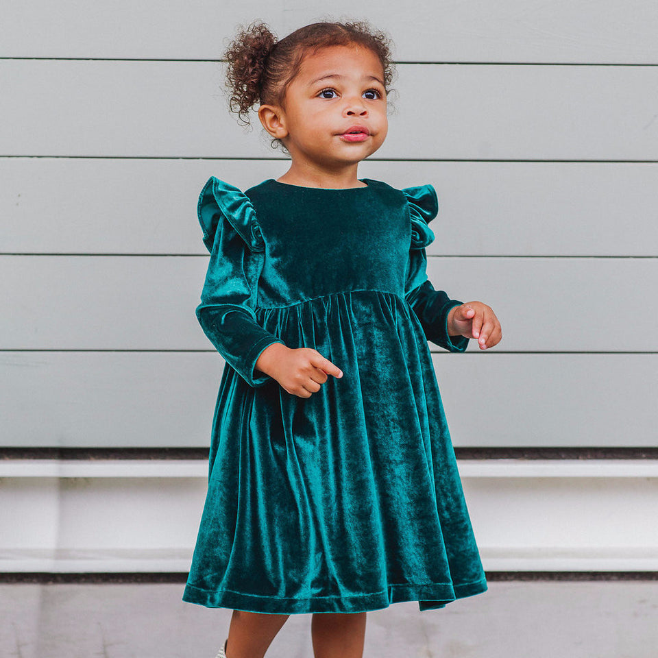 Little Girl's Green Velvet Flutter Sleeve Dress – cuteheads