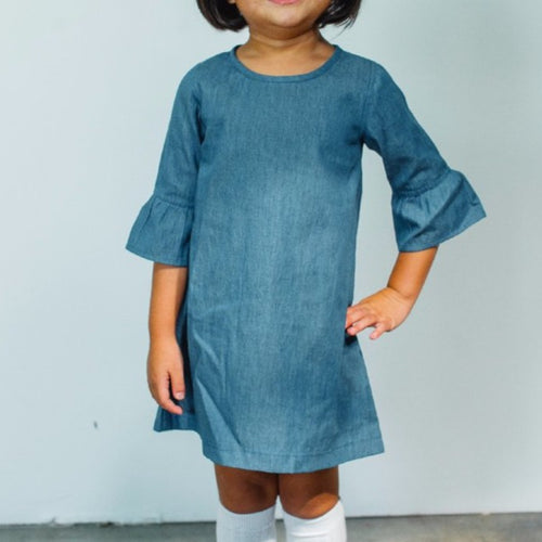 Girl's Chambray Three-Quarter Length Bell Sleeve Dress