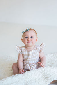 Infant Girl’s Beige and White Gingham Flutter Sleeve Bubble Romper