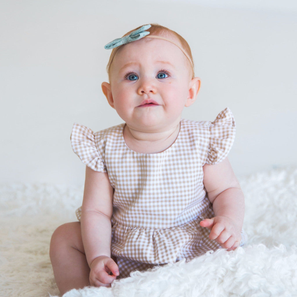 Infant Girl’s Beige and White Gingham Flutter Sleeve Bubble Romper