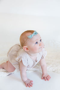 Infant Girl’s Beige and White Gingham Flutter Sleeve Bubble Romper