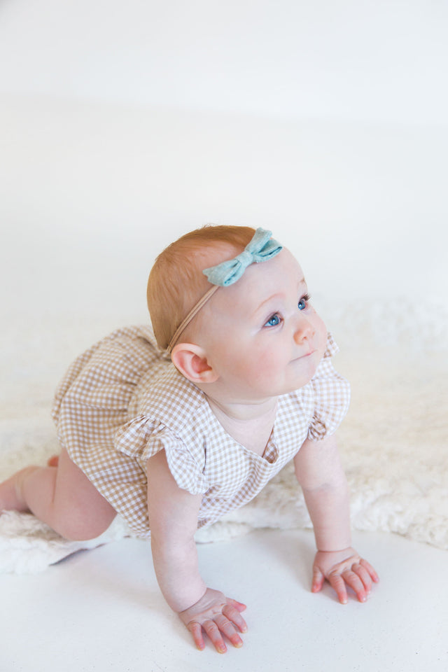 Infant Girl’s Beige and White Gingham Flutter Sleeve Bubble Romper