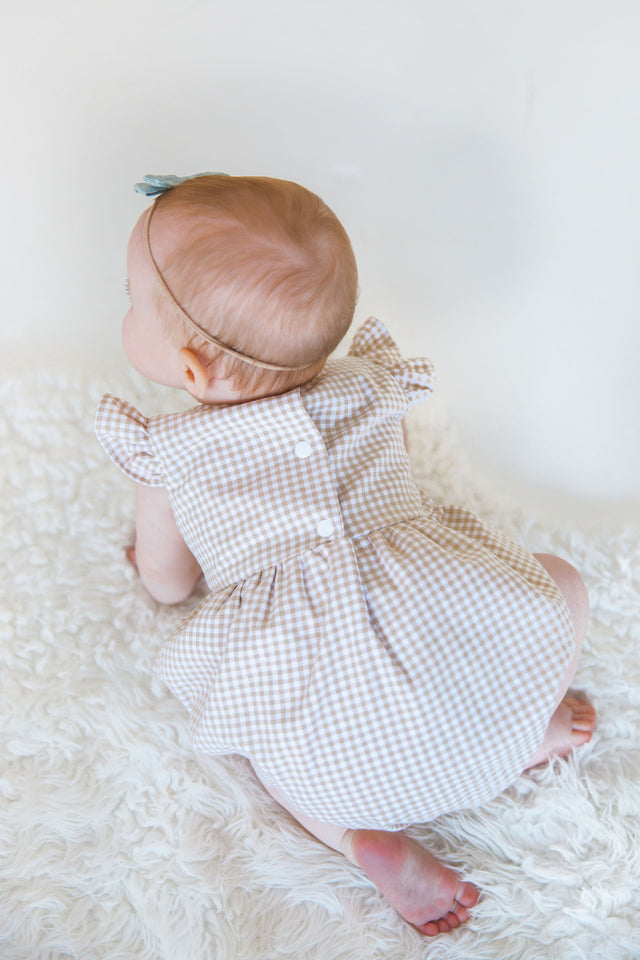 Infant Girl’s Beige and White Gingham Flutter Sleeve Bubble Romper