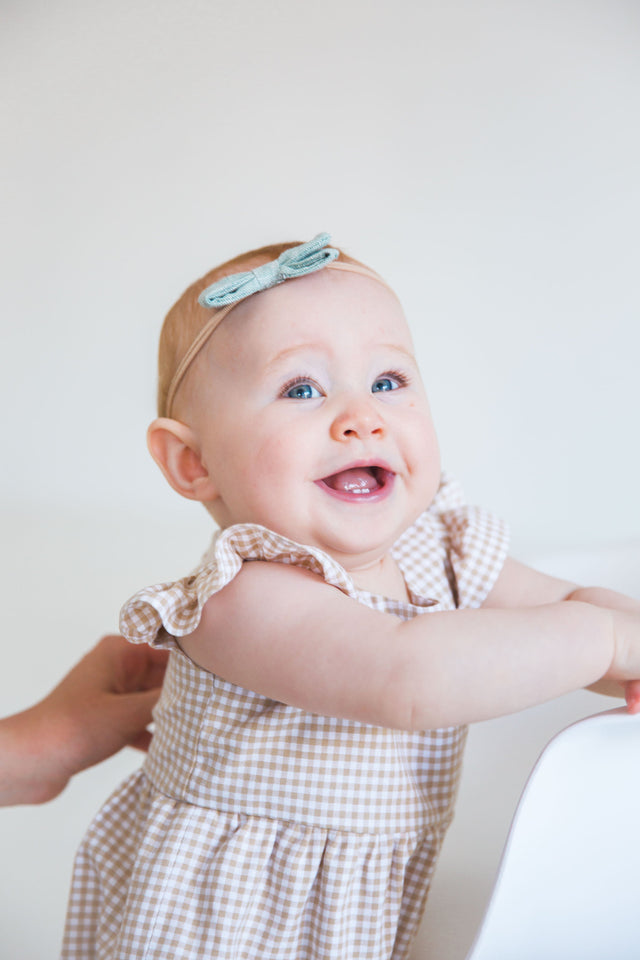 Infant Girl’s Beige and White Gingham Flutter Sleeve Bubble Romper