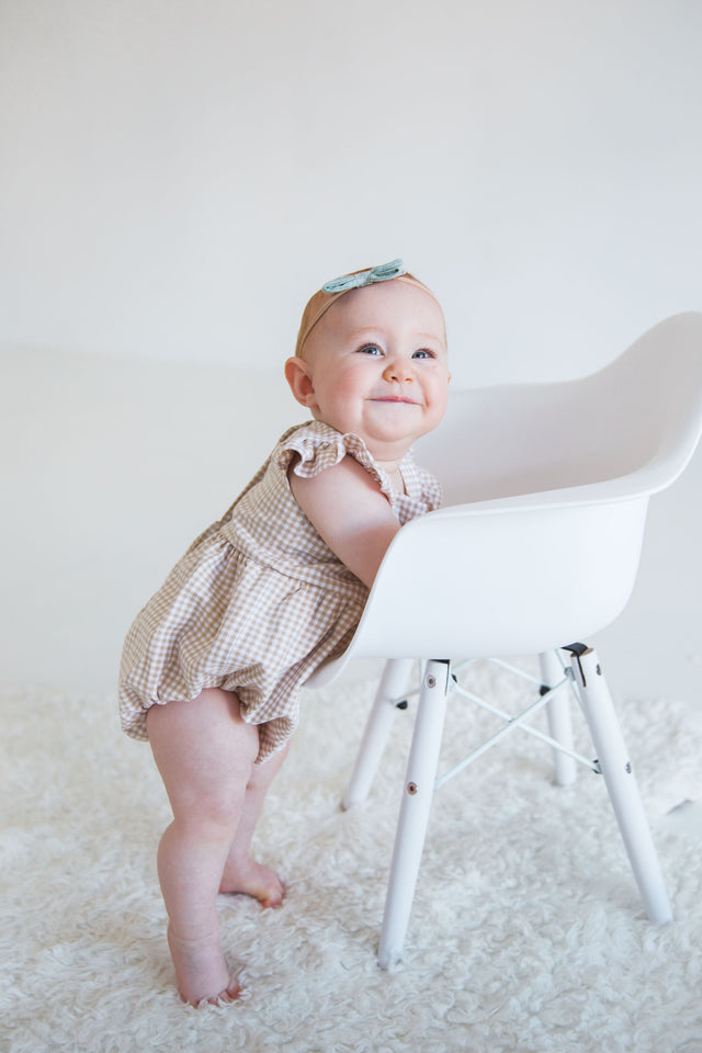 Infant Girl’s Beige and White Gingham Flutter Sleeve Bubble Romper