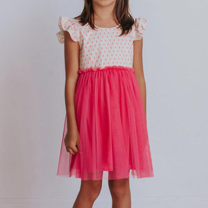 Little Girl's Bright Pink Raindrop Print Ruffle Cotton Dress