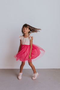 Little Girl's Bright Pink Raindrop Print Ruffle Cotton Dress