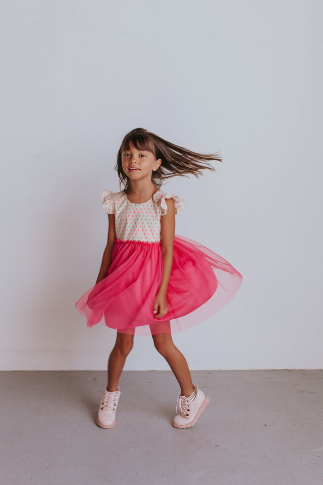 Little Girl's Bright Pink Raindrop Print Ruffle Cotton Dress