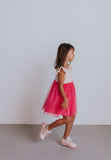 Little Girl's Bright Pink Raindrop Print Ruffle Cotton Dress