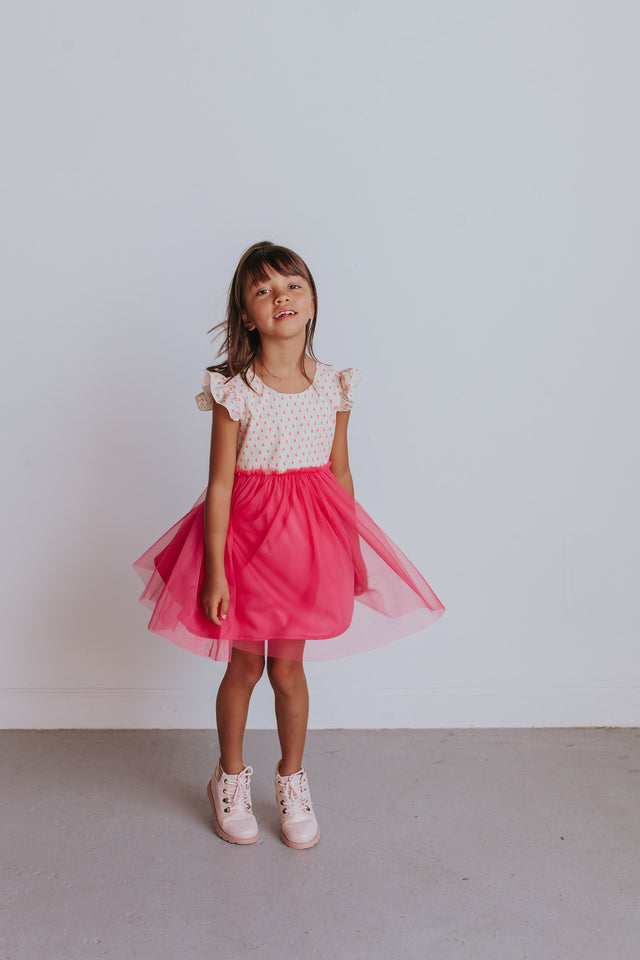 Little Girl's Bright Pink Raindrop Print Ruffle Cotton Dress