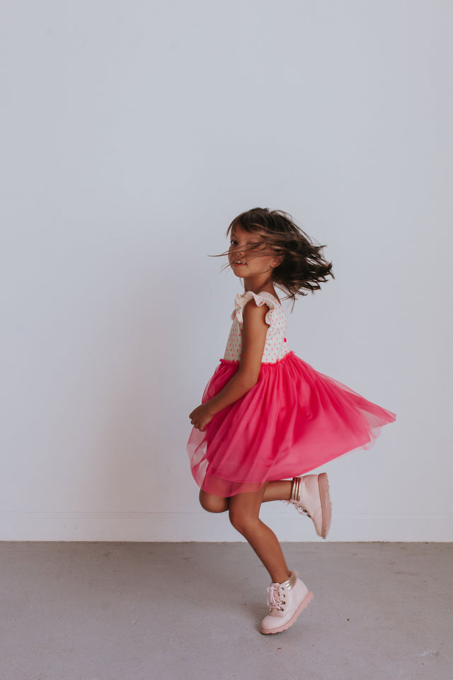 Little Girl's Bright Pink Raindrop Print Ruffle Cotton Dress
