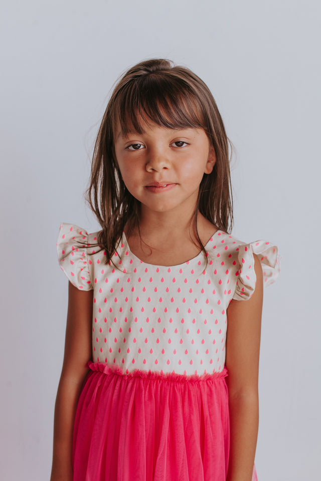 Little Girl's Bright Pink Raindrop Print Ruffle Cotton Dress