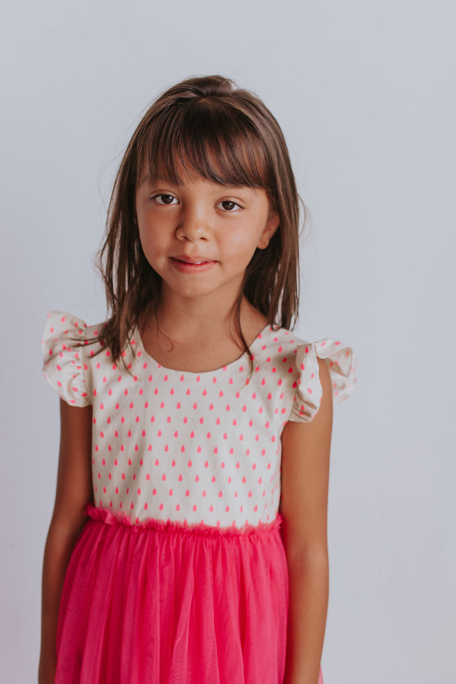 Little Girl's Bright Pink Raindrop Print Ruffle Cotton Dress