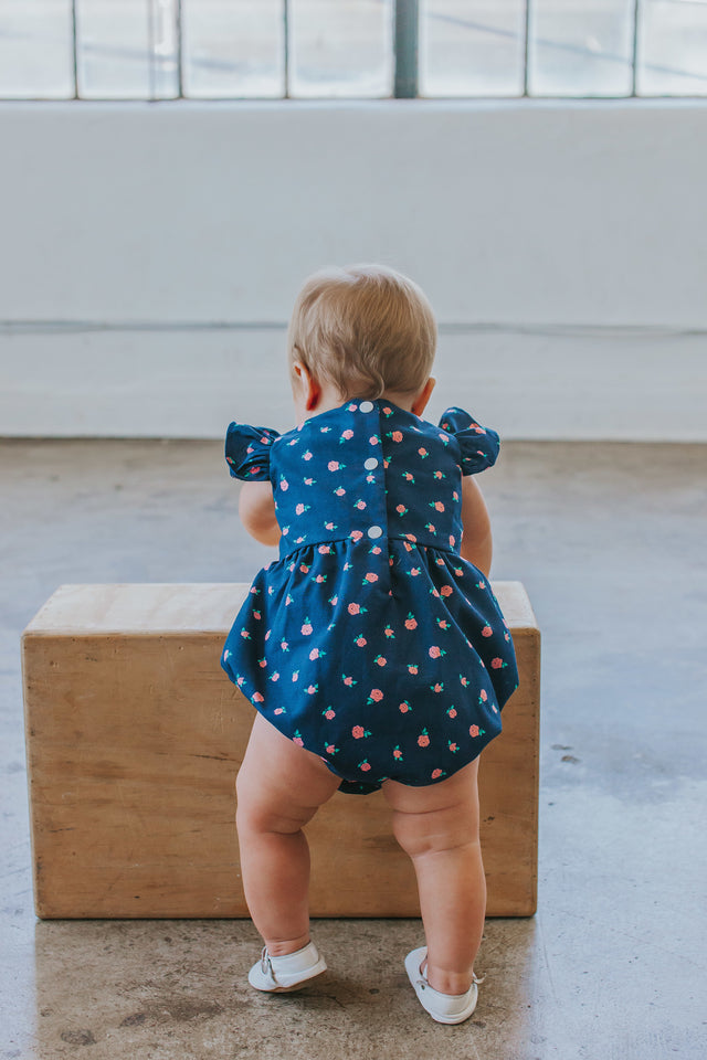 Infant Girl's Blue and Pink Ditsy Flower Bubble Romper