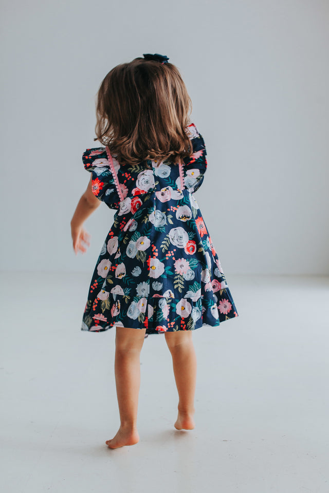 Little Girl's Pink and Navy Boho Floral Pinafore Dress