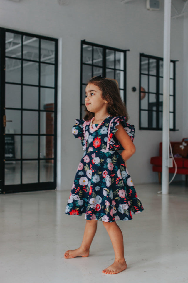 Little Girl's Pink and Navy Boho Floral Pinafore Dress