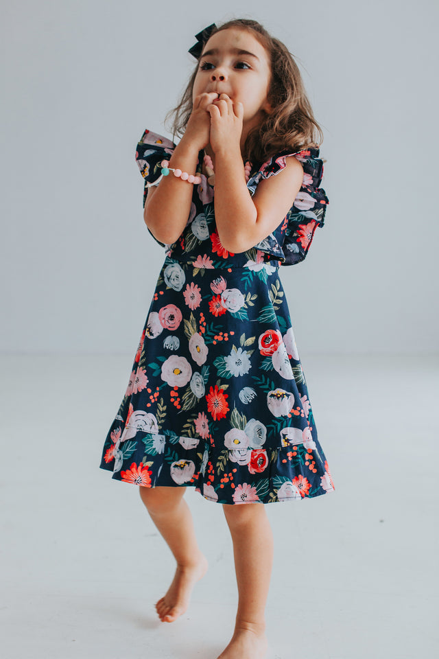 Little Girl's Pink and Navy Boho Floral Pinafore Dress