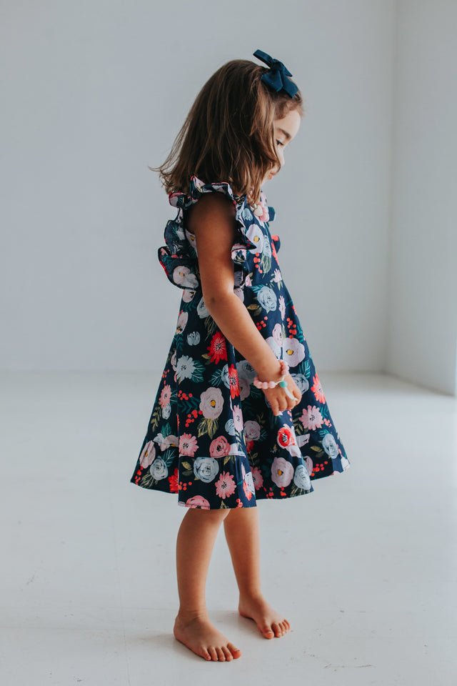 Little Girl's Pink and Navy Boho Floral Pinafore Dress