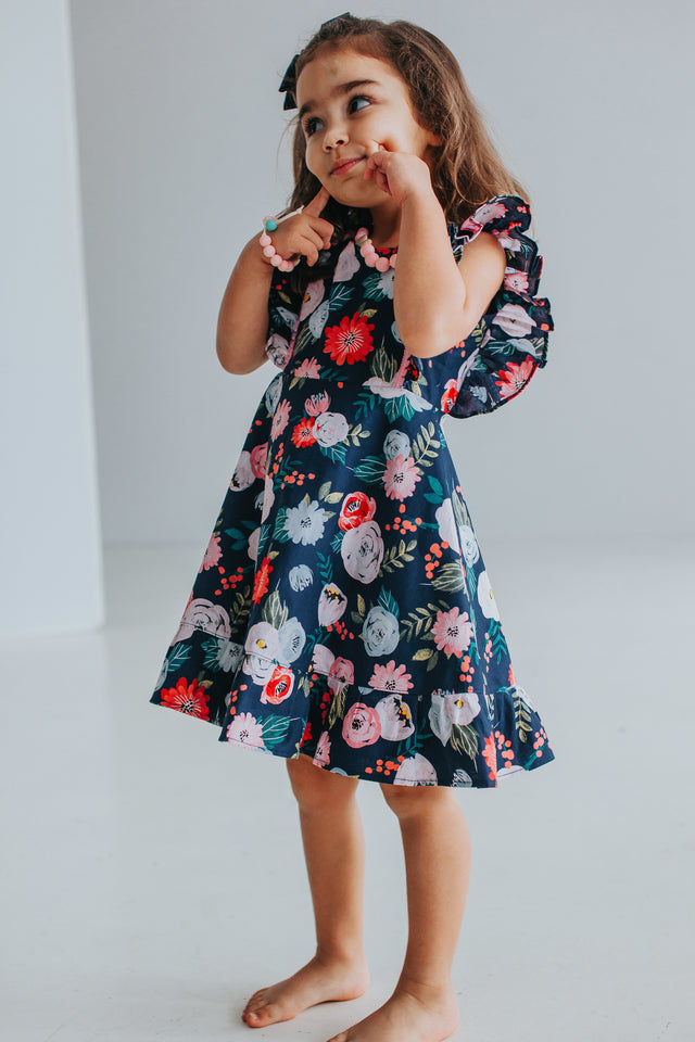 Little Girl's Pink and Navy Boho Floral Pinafore Dress