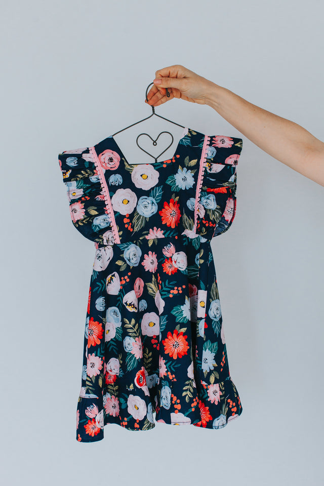 Little Girl's Pink and Navy Boho Floral Pinafore Dress