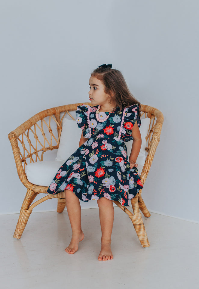 pink and navy floral tea party dress