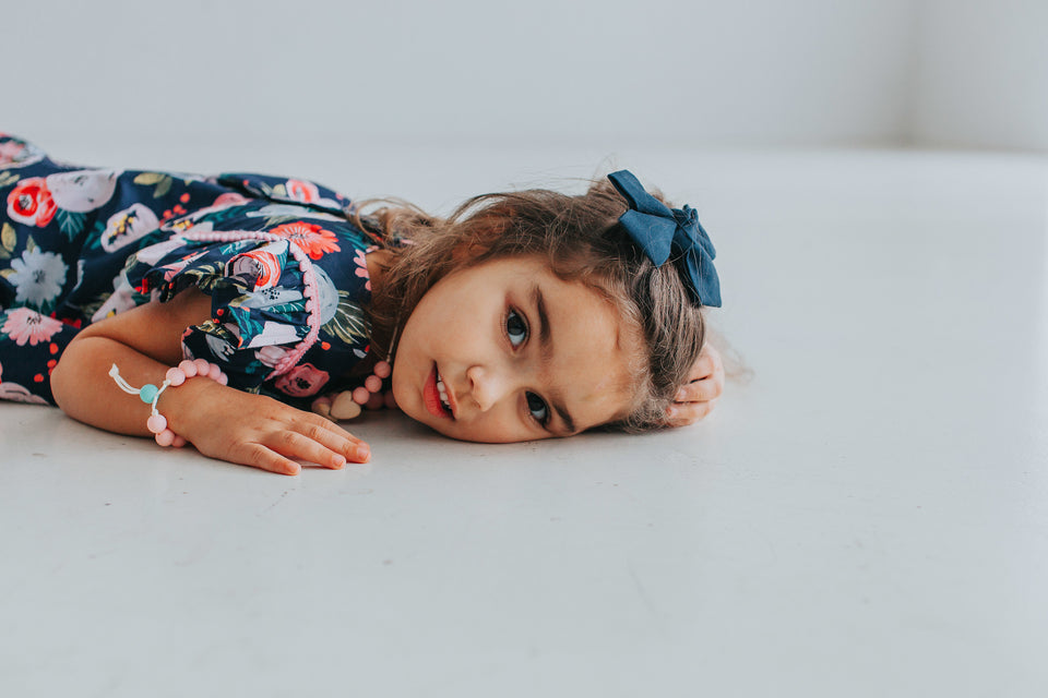 Little Girl's Pink and Navy Boho Floral Pinafore Dress