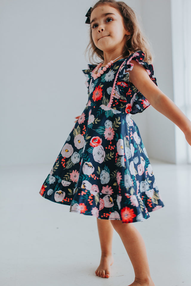 Little Girl's Pink and Navy Boho Floral Pinafore Dress