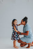 Little Girl's Pink and Navy Boho Floral Pinafore Dress