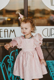 Little Girl's Open Back Pink Pinafore Dress with Sparkly Magenta Polka Dots