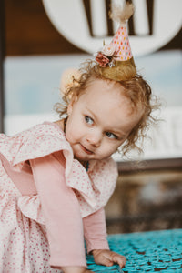 Little Girl's Open Back Pink Pinafore Dress with Sparkly Magenta Polka Dots