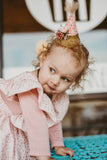 Little Girl's Open Back Pink Pinafore Dress with Sparkly Magenta Polka Dots