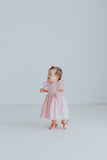 Little Girl's Open Back Pink Pinafore Dress with Sparkly Magenta Polka Dots