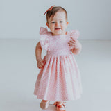 Little Girl's Open Back Pink Pinafore Dress with Sparkly Magenta Polka Dots