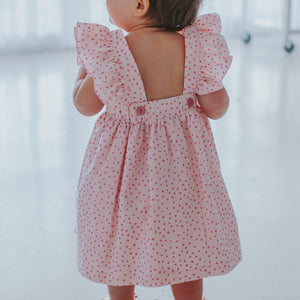 Little Girl's Open Back Pink Pinafore Dress with Sparkly Magenta Polka Dots