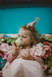 Little Girl's Open Back Pink Pinafore Dress with Sparkly Magenta Polka Dots