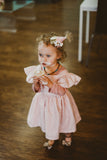Little Girl's Open Back Pink Pinafore Dress with Sparkly Magenta Polka Dots