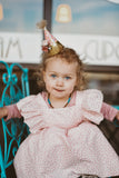 Little Girl's Open Back Pink Pinafore Dress with Sparkly Magenta Polka Dots