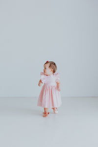 Little Girl's Open Back Pink Pinafore Dress with Sparkly Magenta Polka Dots