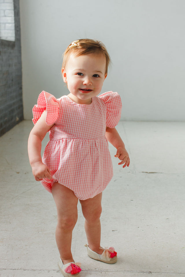 Infant Girl's Pink Gingham Ruffle Sleeve Romper