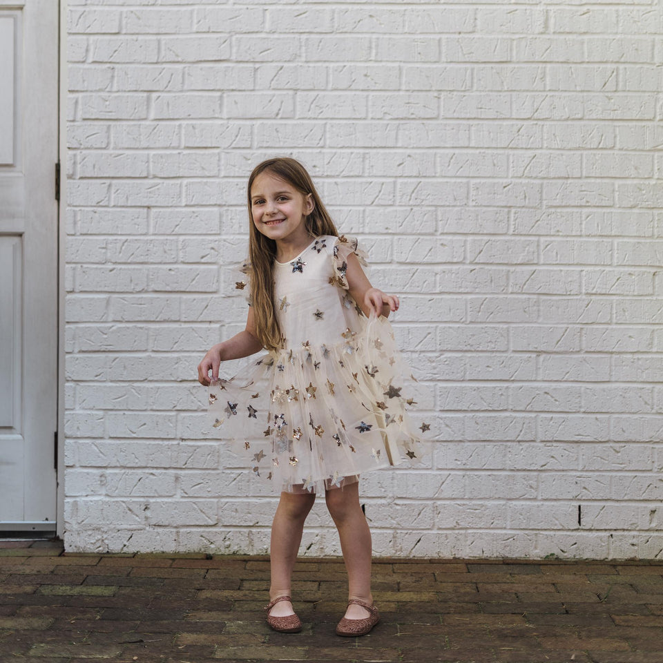 Little Girl's Ivory Soft Tulle Lace Sequined Stars Dress