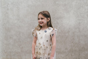 Little Girl's Ivory Soft Tulle Lace Sequined Stars Dress